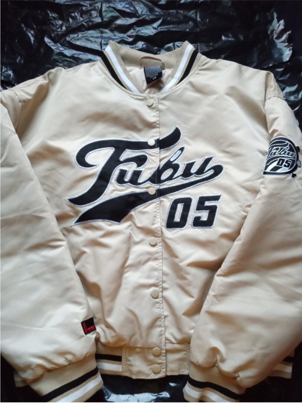 FUBU Cream and Black Bomber Jacket with Embroidered Logo